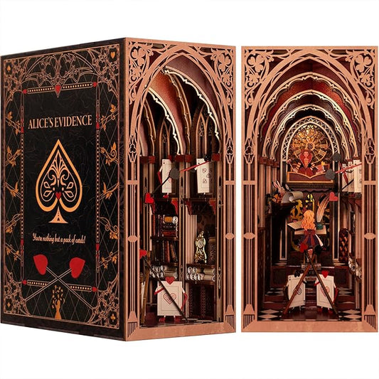 MiniCity DIY Book Nook Kit for Adults, 3D Wooden Puzzle Bookend Bookshelf Insert Decor with LED Light and Dust Cover (Alice in Wonderland)