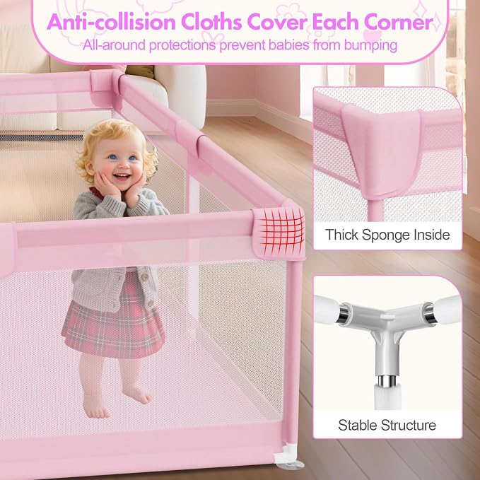 Pink Baby Playpen for Girls - 64"x64" Large Playard with Anti-Collision Soft Corners Sturdy Safety Play Yard for Babies and Toddlers Indoor Infant Activity Center with Non-Slip Suckers