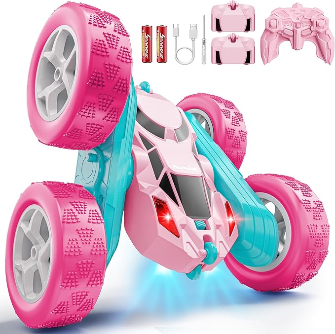 Hamdol Pink RC Car for Girls Age 6+, 360° Rotating Stunt Remote Control Vehicle with LED Lights, Upgraded 4WD USB-C Rechargeable Electric Toy, Perfect Birthday, Holiday