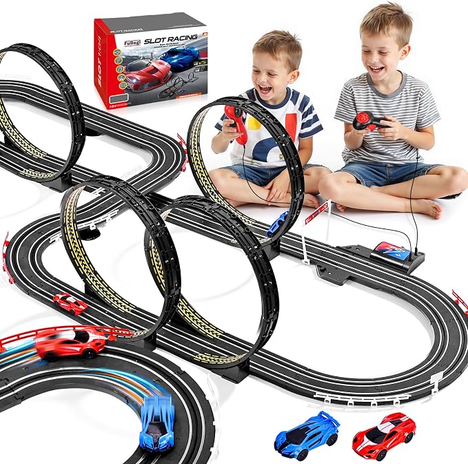 Slot Car Race Track Set for Kids Ages 6-12 Boys & Girls, Dual Racing Game 2 High-Speed Cars 1:64 Scale, Battery or Electric Powered Plug-in Track, Gift Toy Stocking Stuffers for Children