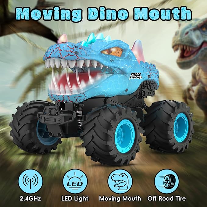 Dinosaur Remote Control Car, 2.4GHz Monster Truck Toys Rechargeable RC Cars 1:24 Scale RC Truck with LED Light Movable Mouth, Dinosaur Cars Toys for Kids Boys 6-8 8-12 Birthday Gift, Blue