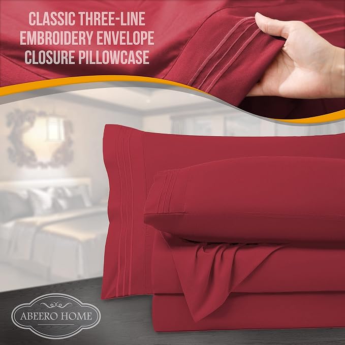 Abeero Home King Size Sheets Set Cooling - Luxury Hotel Sheets - Soft Bed Sheet with Elastic Corner Straps - Deep Pockets Microfiber Bedsheet - Bedding Sheet & Pillowcases - 4 PC (King, Burgundy)