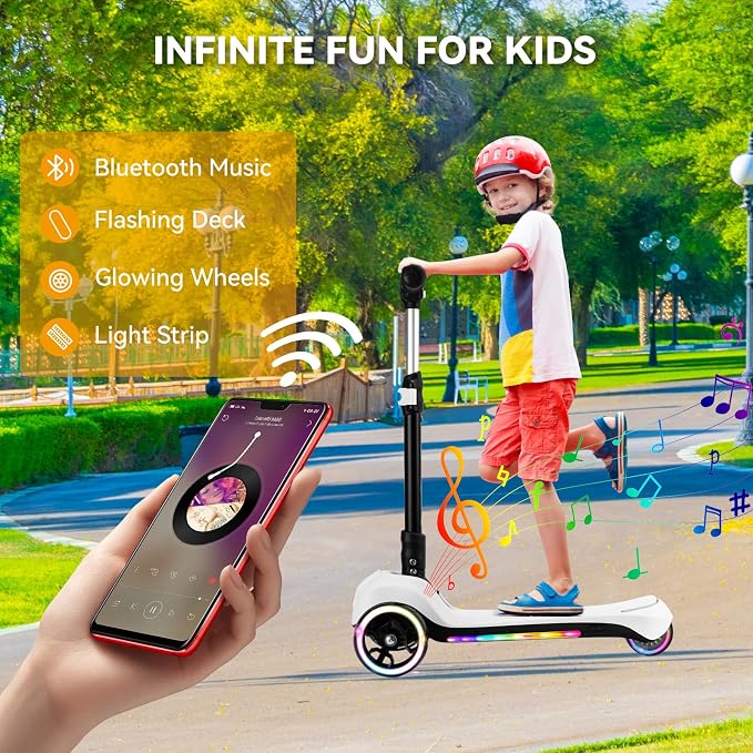 24V Electric Scooter for Kids w/150W Powerful Motor, Thumb Throttle, LCD Screen, Bluetooth, Light-Up Stem Deck & Wheels, 3 Adjustable Heights, 5MPH Safe Speed, 3 Wheel Electric Scooter for Kids