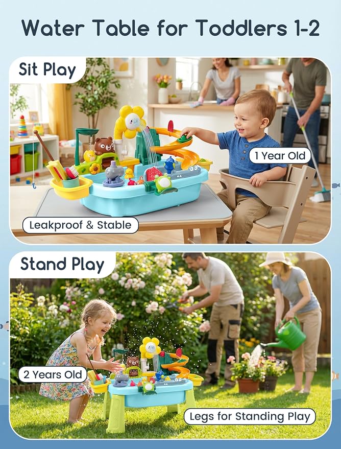 OKPOW Sturdy Water Table for Toddlers 1-2: No Tipping on Uneven Backyard | 4 Wide Legs & 3-Gal Sink Reduce Wobble by 80% - Keep Toddlers Safely Engaged in Splash Play, Tool-Free Assembly
