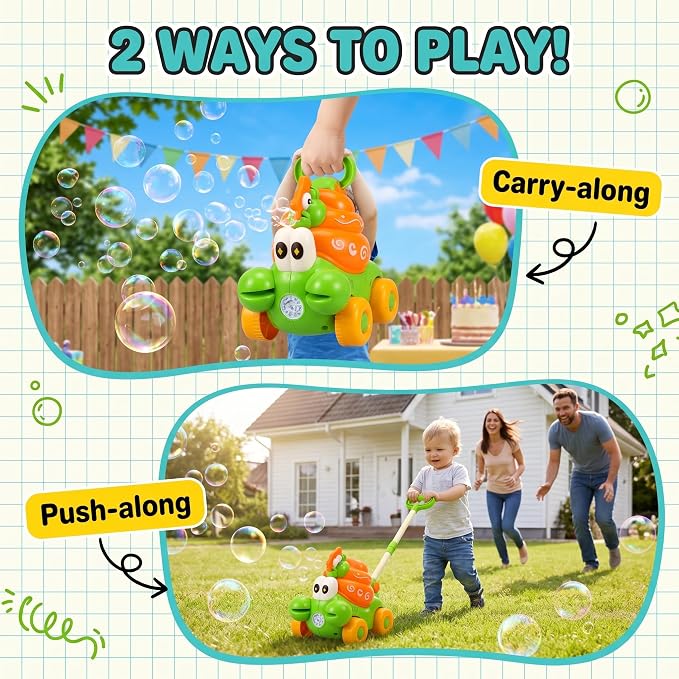 Crab Bubble Machine for Kids,Handheld or Push Bubble Maker Blower,Bubble Lawn Mower W/Lights,Outdoor Toys Birthday Gift for Toddlers Boys Girls 3 4 5 6 Years Old (USB Rechargeable)