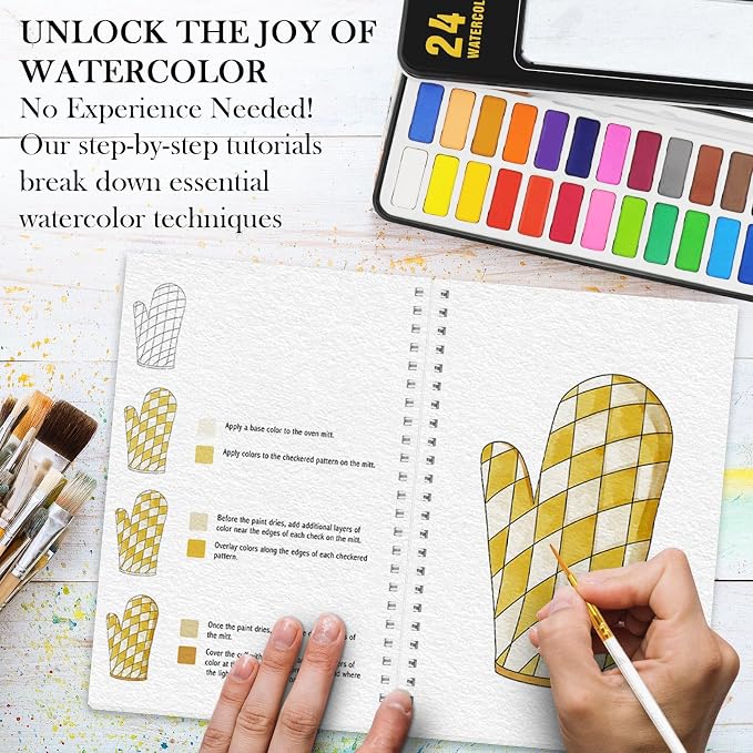 3Pcs Watercolor Workbook Paint Book Beginner Friendly Painting Kit, 36 Pages Workbooks with 24 Paint Colors & Brush for Beginners, Stress-Relieving Gift for Women Adults (Kitchen&Animals&Flower)