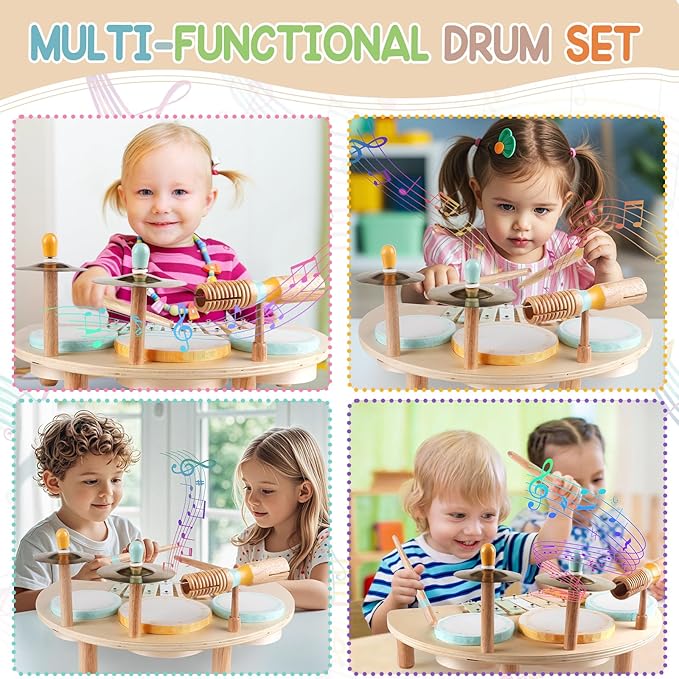 Kids Drum Set Montessori Musical Instruments for Toddlers 1-3, Wooden Baby Drum Kit with Xylophone, Preschool Music Toys for Early Learning, Educational Birthday Gift for Boys Girls (Multicolored)