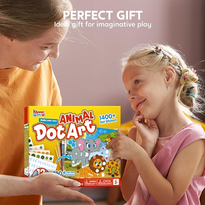 Klever Kits Dot Art Kit for Kids, No Mess Sticker for Toddlers 3-7, Craft Kits, DIY Creative Activity, Travel Toy, Birthday Gifts for Boys Girls (Animal)