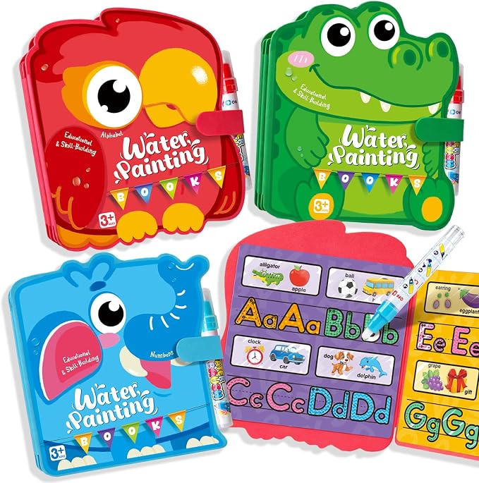 Coogam 3Pcs Water Coloring Book for 3 4 5 Year Old Toddler Kids | Reusable Magic Water Doodle Book with Water Pens, Mess-Free Pianting Book,Portable Educational Doodle Drawing Kits Gift Toy