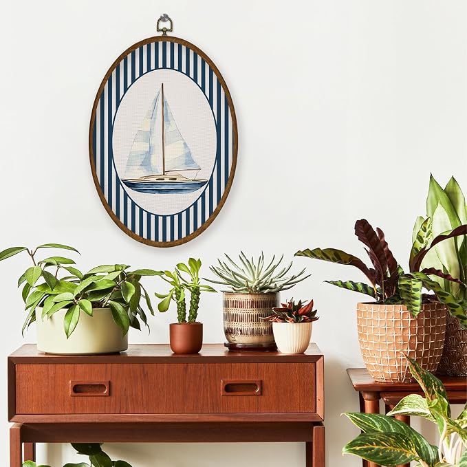 WULQYING Coastal Sailboat Nautical Nursery Wall Art Decor, Kids Room Oval Framed Canvas Art Prints, Blue Striped Sailboat Wall Hanging Decor for Kids Toddler Boy Room Bedroom Playroom, 8.6x11.4 Inches