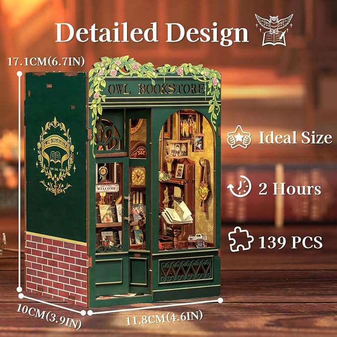 Fsolis Book Nook Kit - DIY Booknook Bookshop（OWL Bookstore） | Miniature House 3D Wooden Puzzles for Beginners, 139 Wood Pieces, Bookshelf Building with Light, Gifts for Book Lovers
