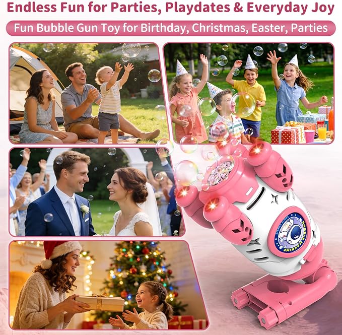 Bubble Gun for Kids, Automatic Rocket Bubble Machine, Handheld & Bicycle Use, Rechargeable Bubble Blower with Solution & LED Light, Summer Outdoor Toy, Gift for Boys Girls Age 3 4 5 6 7 8-12 (Pink)