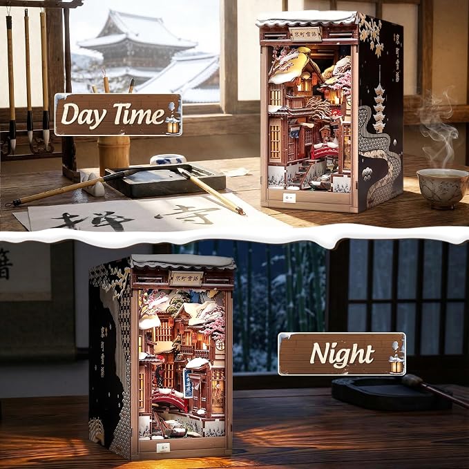 CUTEBEE Book Nook Kit - DIY Miniature House Dollhouse for Adults, Japanese Kyoto Winter Street Scene, Bookshelf Decor 3D Wooden Puzzle Model Kit, Diorama Bookish Gifts (Kyoto Snow Scene)