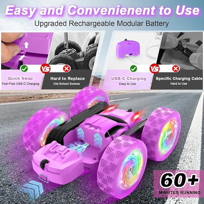 Remote Control Car, Outdoor Toys RC Cars for Kids Ages 6-12, 4WD Double Sided Stunt Vehicle with Upgraded USB-C Modular Batteries, 5 6 7 8 9 10+ Year Old Boy Birthday Purple