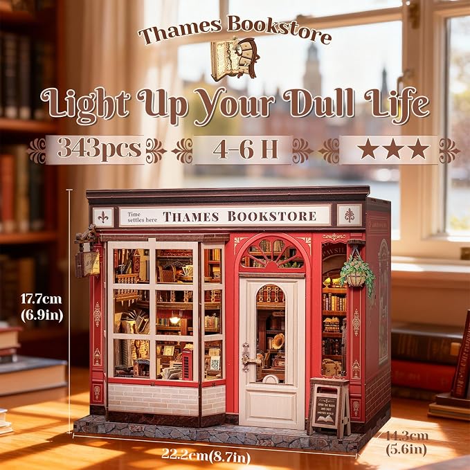 CUTEFUN DIY Book Nook Kit, 3D Puzzle Creative British Library Bookend Bookshelf Decor for Adults Teens, Magic Bookshop Miniature Kit with LED & Dust Cover, Gifts for Book Lovers (Thames Bookstore)