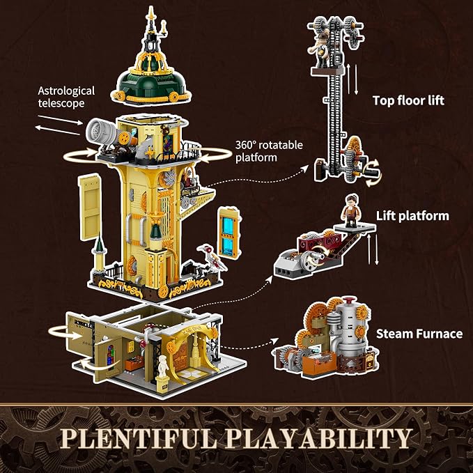 Lumibricks Steampunk Observatory Tower Lighting Building-Bricks Set - Astronomy Tower 2744 Pcs Collection Display Set for Adults and Steampunk Lovers