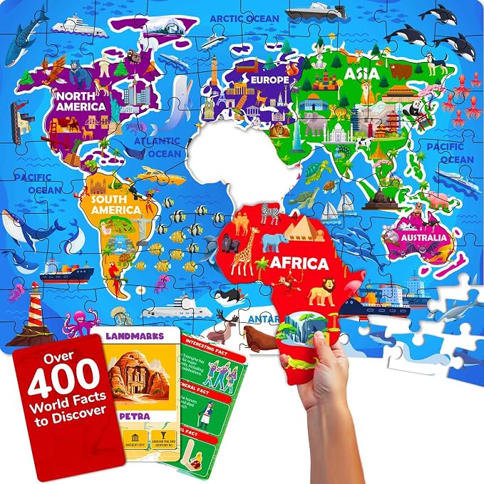 QUOKKA World Map Puzzles for Kids Ages 8-10 - 70 Pcs Jigsaw Floor Puzzles for Kids Ages 6-8 Year Old - Includes 50 Cards with 400+ Fun Facts - Continent Shaped Educational Gift for Girl and Boy 4-8