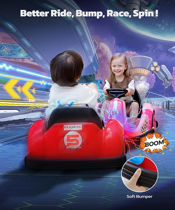 ELEMARA Kids Bumper Car with Big Wheel, 12V Toddler Bumper Cars with Remote, 2.2 Mph Max, Baby Bumping Toy Car with DIY Stickers,360 Degree-Spin, Bluetooth, Music,LED Lights, Deep Red