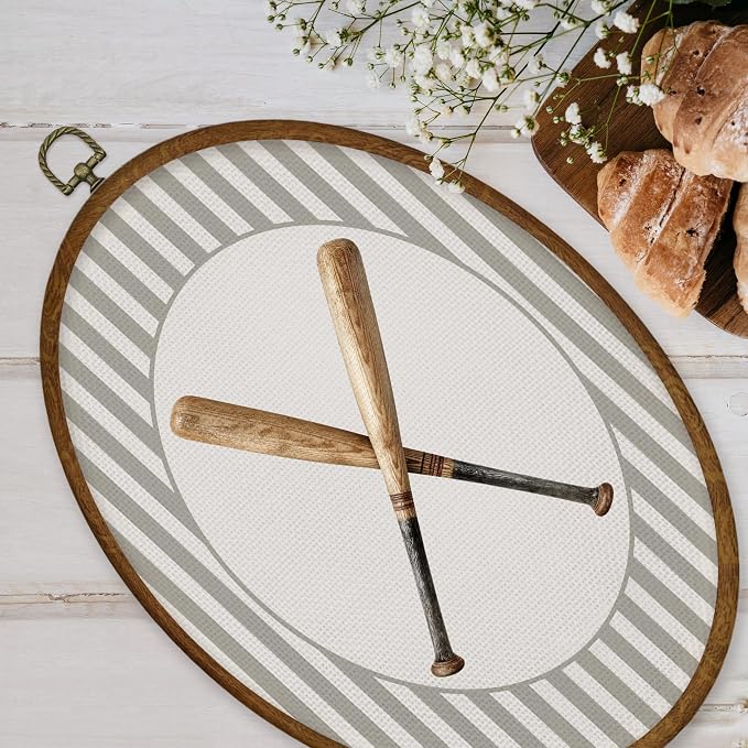 WULQYING Baseball Bats Sports Nursery Wall Art Decor, Boys Room Oval Framed Canvas Art Prints, Neutral Striped Sport Lover Gift Wall Hanging Decor for Kids Nursery Room Playroom, 8.5x11.3 Inches