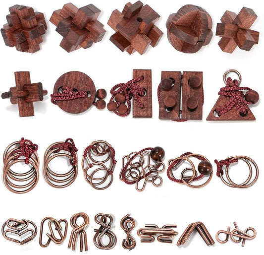 24 Pcs Brain Teaser Puzzles for Adults and Teens - Metal Puzzles 3D Puzzle Game Toys for Adults Teens - Wooden Unlock Interlocking Puzzle Adult IQ Education Smart Toys