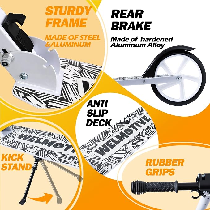 Kick Scooter for Kids Ages 6+, Teens & Adults, Adjustable Handlebars, Rear Brake, Big Wheel Foldable Scooter for Indoor & Outdoor