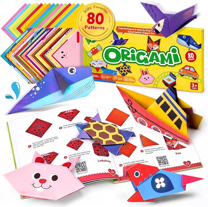 Gamenote Colorful Origami Kit for Kids 80 Projects 160 Double Sided Origami Paper, 100 Sheets Practice Papers Instructional Origami Book Origami Gift for 4+ Kids Adult Beginners Training Craft, Animal