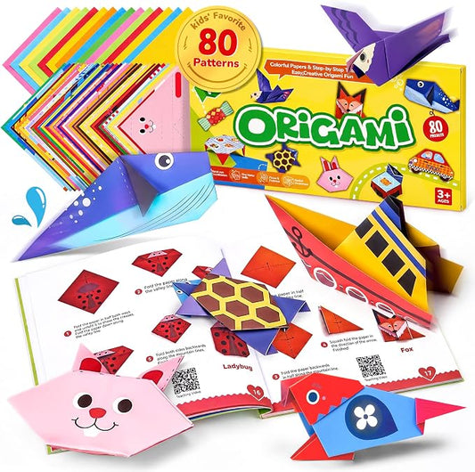 Gamenote Colorful Origami Kit for Kids 80 Projects 160 Double Sided Origami Paper, 100 Sheets Practice Papers Instructional Origami Book Origami Gift for 4+ Kids Adult Beginners Training Craft, Animal