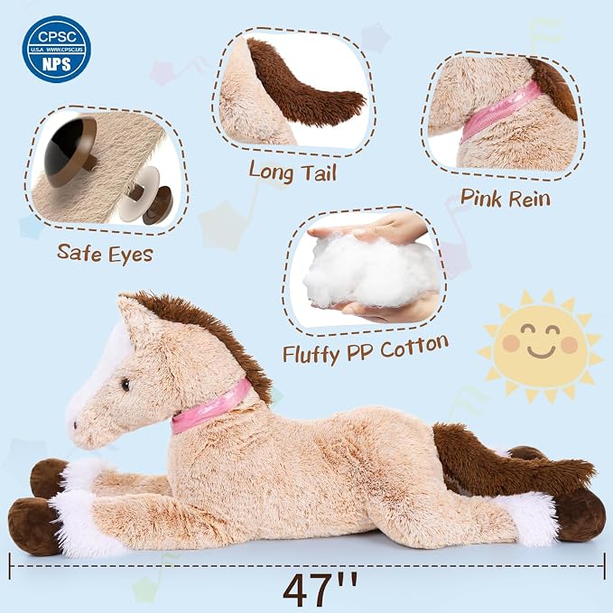 MaoGoLan Giant Horse Stuffed Animal, Large Horse Plush Toy for Girl Kid Boy, Realistic Stuffed Pony Plush Pillow for Mother's Day Birthday Gift Baby Shower Party Favor Decor, 47 inches, Brown