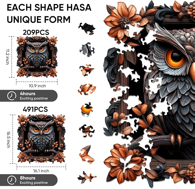 Ixfyloop Owl Puzzles for Adults, Fall Wooden Jigsaw Puzzles 209pcs with Storage Box, Irregular Unique Shaped Animal Adult Puzzles, Puzzle Gift for Family Brain Game, 11.2x10.9 inch