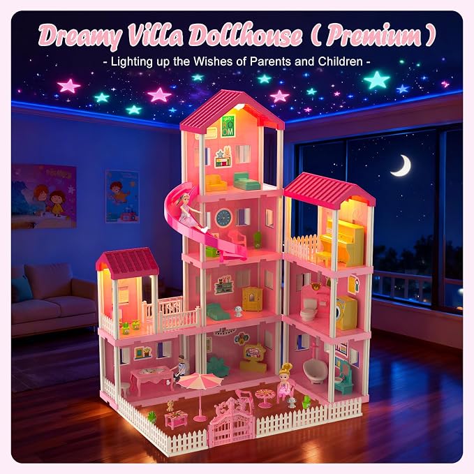 Dreamy Dollhouse Playset for Girls,Princess Doll House with 4-Story 10 areas 2 Dolls, Lights, Pets,Furniture & Accessories, Pretend-Play Toddler Playhouse Gift for 3 4 5 6 7 8 9+ Year Old Girls Toys