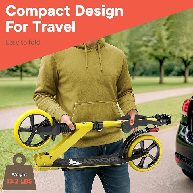 Campior Kick Scooter for Ages 6+, for Kids, Teens, and Adults, Max Load 240 LBS, Foldable, 8-inch Big Wheels for Kids and Adults, with Kickstand, 3 Adjustable Levels, Child Safety Approved, Yellow