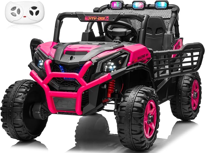 24V 2-Seater Ride On Car Truck w/4x200W, 20" Spacious Seat, 4WD/2WD Switchable, 5 Mph Max Speed, Rainbow Lights, Remote Control, Soft Start, Storage, Electric Car for Kids Ages 3-8, Rose Red