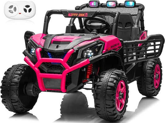 24V 2-Seater Ride On Car Truck w/4x200W, 20" Spacious Seat, 4WD/2WD Switchable, 5 Mph Max Speed, Rainbow Lights, Remote Control, Soft Start, Storage, Electric Car for Kids Ages 3-8, Rose Red