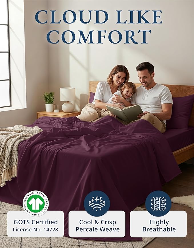 LANE LINEN Queen Size Bed Sheets 100% Organic Cotton 4pc - Windsor Wine | Queen Sheets In 100% Organic Cotton Percale - All-Season Comfort, For Master Bedrooms, Naturally Cooling & Lightweight