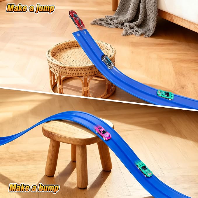 15Ft Flexible Race Car Track for Kids with Suction Cups Compatible with Diecast 1/64th Cars for Ages 3 & Up Blue Gray Orange Red Classic Long Rolls Up Portable Racetrack (Blue)