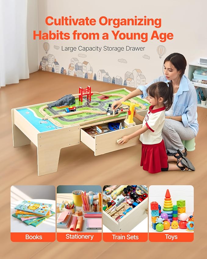 VEVOR Train Table, 62 Multicolor Pieces Wooden Kids Activity Table with Large Storage Drawer, 3-in-1 Wooden Train Set for Playing, Drawing, Reading, Eating, Creative Toy Set for Kids Ages 3+