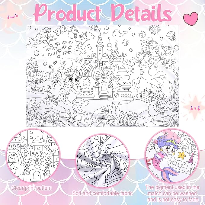 Mindsoft Coloring Craft Coloring Pillowcase Mermaid Pillowcase with 12 Pcs Markers Pens for Decoration Supplies Craft, 28.7 x 19.7 Inch