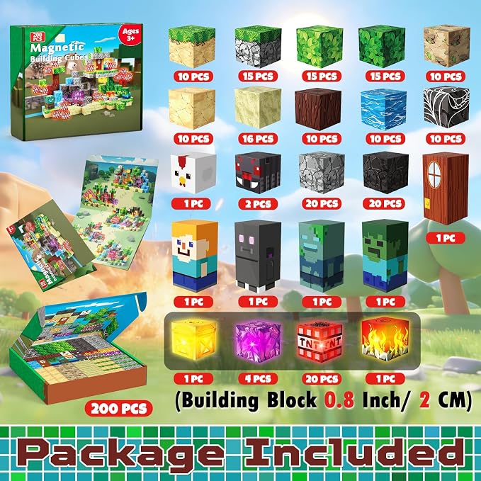 200 PCS Magnetic Blocks with Light Up Blocks - Magnetic Building Blocks, Magnetic Construction Cube Toys, STEM Sensory Learning Toys, Easter Christmas Birthday Gifts for Toddlers Boys and Girls Age 3+