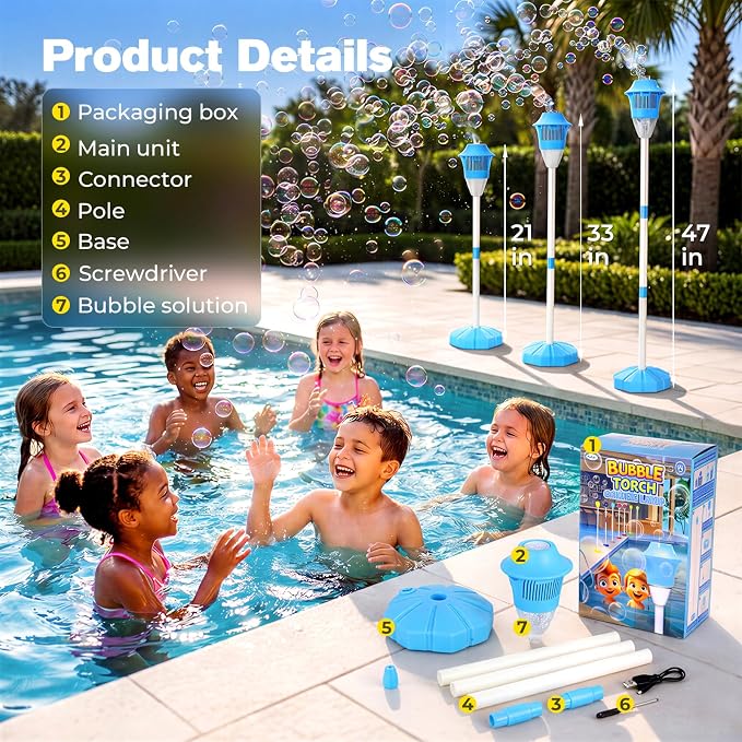 LusterAce Automatic Bubble Machine for Kids | Standing Bubble Torch with Light &Music for Outdoor Party Pool Backyard,47 Inches