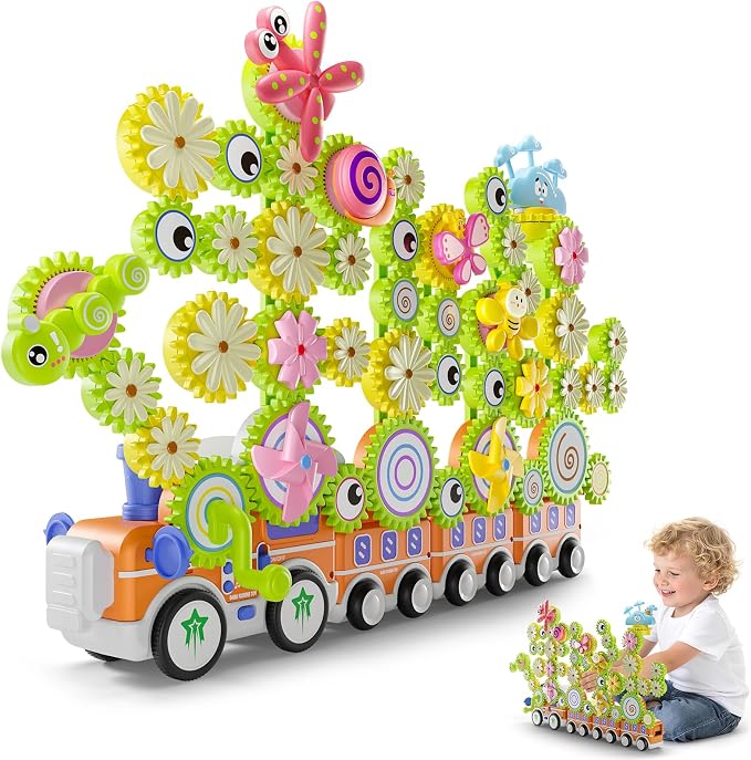 Gears Building Toys for Kids Ages 3+, STEM Construction Set for Toddlers, Train and Flower Models with Electric & Manual Modes, Lights and Music, DIY Educational Learning Toys Gift for Boys and Girls