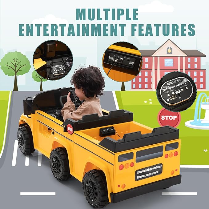 TOBBI 2 Seater Kids Eletric Ride on School Bus Toy, 35W-4WD Battery Powered Car with Remote Control/6 Wheels/Horn/LED/Music for Toddlers 3-8 Years, Yellow