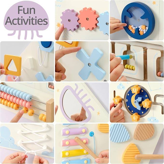 Pillowhale Tangram Activity Wall Busy Board Panels, 12-in-1 Learning Activity Center, Wooden Montessori Sensory Toys for Toddler Playroom, Nursery, Daycare, Classroom, Dentist Waiting Room