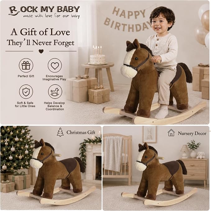 Rock My Baby Rocking Horse, Dark Brown Horse Rocker for Toddlers 18M+, Plush Ride on Horse Toy with Realistic Sound,Soft Stuffed Filling, CPC Certified