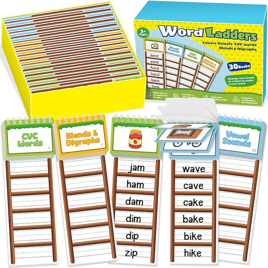 Sight Words Flash Cards Kindergarten, 30 Word Ladder Flip Books for Kids, Phonics Word Family Build Book, Reading & Spelling Games, Preschool Learning Activities, Homeschool & Classroom