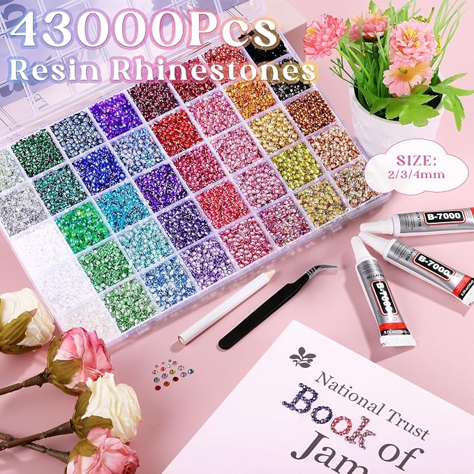Zefy 43000 Pcs Resin Rhinestones for Bedazzling, 40 Colors 2/3/4 mm Bedazzling Kit for Crafting, Flatback Gems with 3Pcs B7000 Glue for Clothing Shoes Nail Book Diamond Art