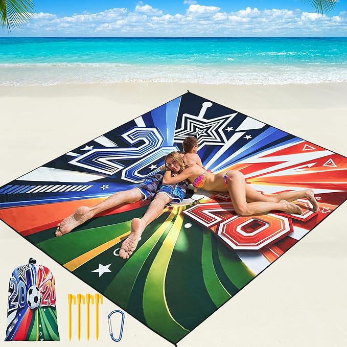 WIWIGO Beach Blanket Waterproof Sandproof Beach Mat 79" X 83"/10'x9'for 2-8 Adults Quick Drying Outdoor Picnic Mat Beach Accessories for Travel, Camping, Hiking