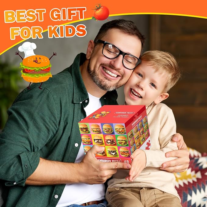 IFLOVE Hamburger Floor Puzzle for Kids — 48 Piece Jumbo Burger Jigsaw Puzzle, Food-Themed Puzzle with Colorful Hamburgers, Educational Toy Birthday for Boys Girls Ages 3-8