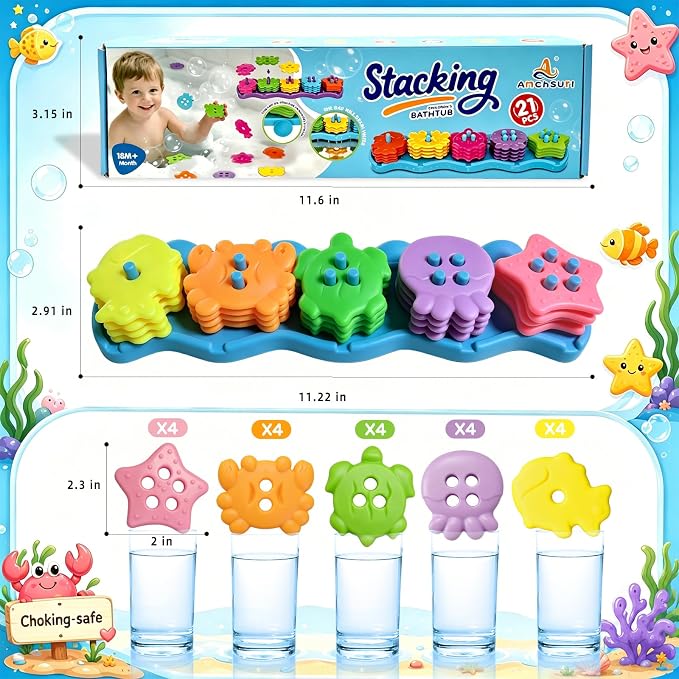 21PCS Mold Free Bath Toys,Ocean Shape Sorters Stacking Water Play Toys, Early Learning Gifts for Toddlers 1-3 2-4 3-5 Boys Girls