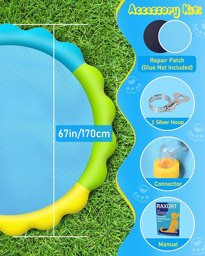 Raxurt Splash Pad, 67in Anti-Slip Splash Pad for Kids Dogs 0.55mm Thickened Durable Dog Pool Summer Outdoor Water Toys Backyard Fountain Play Mat, Colorful