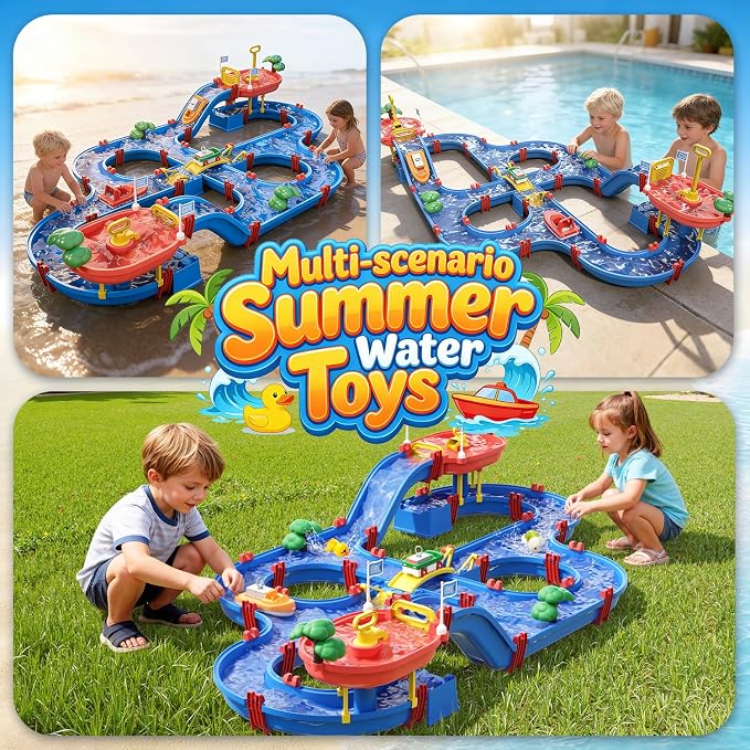 VATOS 2-Tier Toddlers Water Table Toy, 114 PCS DIY Dual-Basin Water Pump, Summer Outdoor Water Toys Backyard, Beach, Balcony, Garden Fun Water Playset for Girls, Boys 3-5 Years Old Pets Families